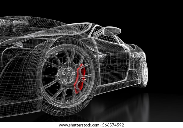 Car vehicle 3d blueprint\
mesh model with a red brake caliper on a black background. 3d\
rendered image
