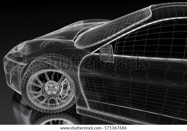 Car vehicle 3d blueprint mesh model on a black\
background. 3d rendered\
image