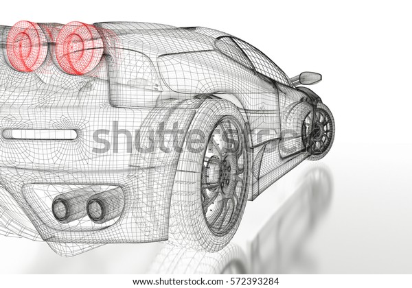 Car vehicle 3d blueprint mesh model on a white\
background. 3d rendered\
image