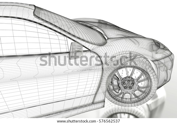 Car vehicle 3d blueprint mesh model on a white\
background. 3d rendered\
image