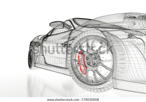 Car vehicle 3d blueprint\
mesh model with a red brake caliper on a white background. 3d\
rendered image