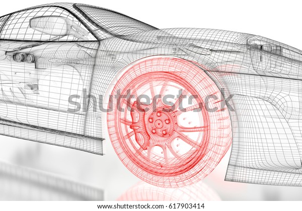 Car vehicle 3d blueprint\
mesh model with a red wheel tire on a white background. 3d rendered\
image
