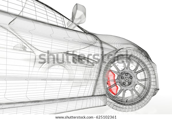 Car vehicle 3d blueprint\
mesh model with a red brake caliper on a white background. 3d\
rendered image