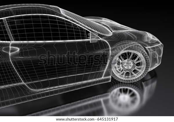 Car vehicle 3d blueprint mesh model on a black
background. 3d rendered
image