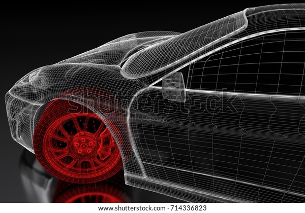 Car vehicle 3d blueprint\
mesh model with a red wheel tire on a black background. 3d rendered\
image