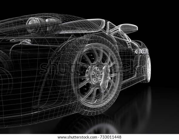 Car vehicle 3d blueprint mesh model on a black\
background. 3d rendered\
image