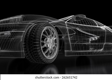 Car Vehicle 3d Blueprint Model On A Black Background. 3d Rendered Image