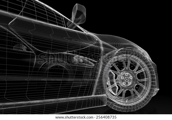 Car vehicle 3d blueprint model on a black\
background. 3d rendered\
image