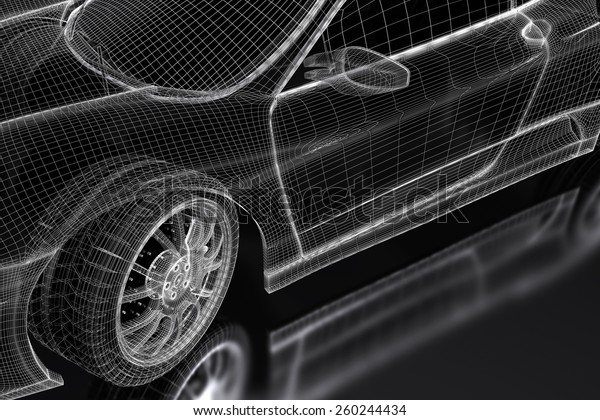 Car vehicle 3d blueprint model on a black\
background. 3d rendered\
image