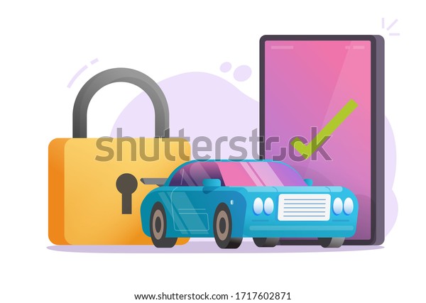 Car or vehicle automobile protection secure alarm\
signal system on mobile phone or auto smartphone security anti\
theft technology service flat cartoon, concept motor protective\
safety image