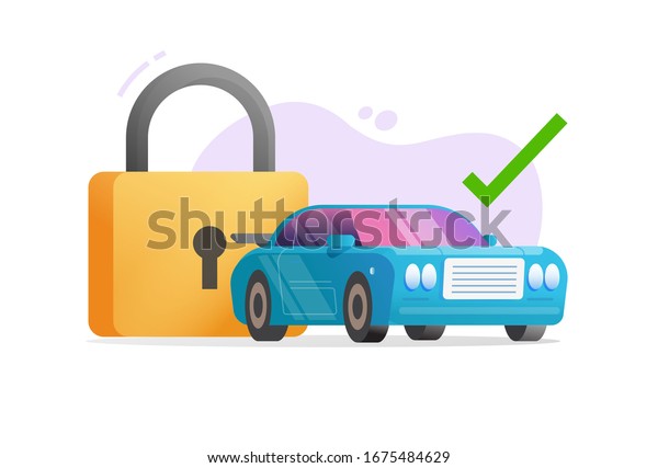 Car or vehicle protected with padlock security or\
automobile secure anti theft technology idea flat cartoon\
illustration, concept of auto protective safety system with\
checkmark modern design\
image