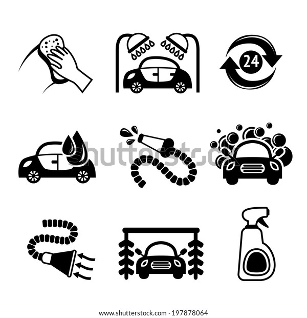 Car wash black and white auto cleaner\
washer shower service isolated icons \
illustration