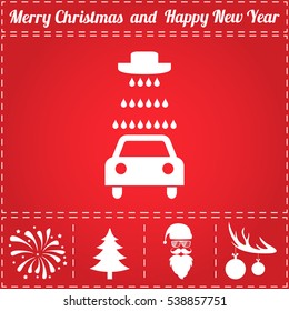 Car Wash. Flat Symbol And Bonus Icons For New Year - Santa Claus, Christmas Tree, Firework, Balls On Deer Antlers