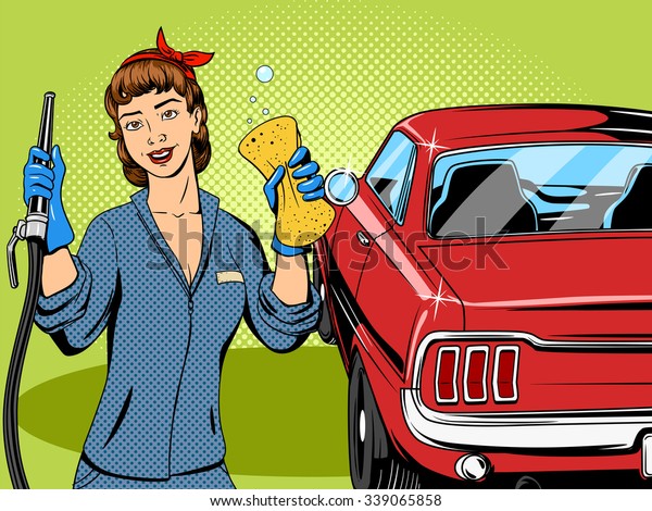 Car wash girl comic book retro pop art style\
raster illustration