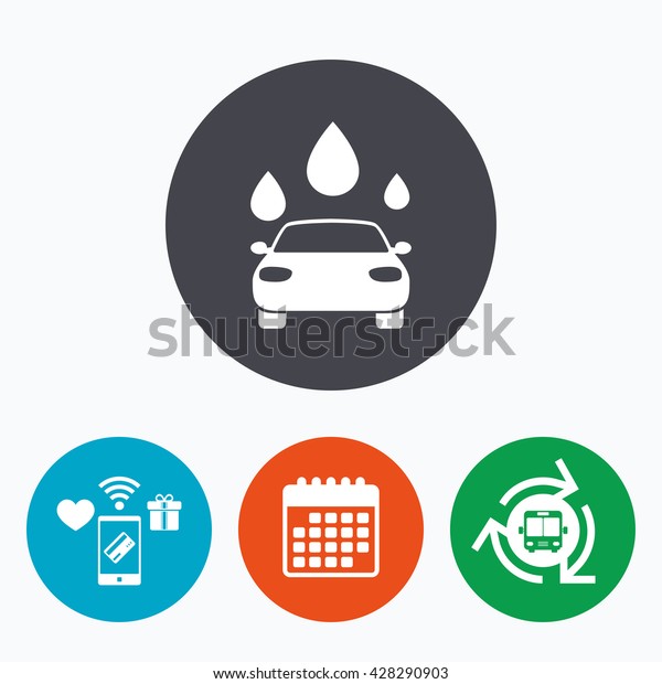 Car wash icon. Automated teller carwash symbol.\
Water drops signs. Mobile payments, calendar and wifi icons. Bus\
shuttle.