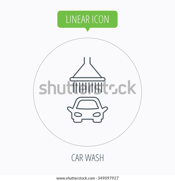 Car wash icon. Cleaning station with shower\
sign. Linear outline circle button.\
