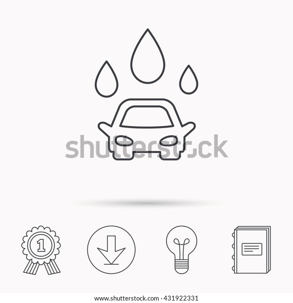 Car wash icon.
Cleaning station with water drops sign. Download arrow, lamp, learn
book and award medal
icons.