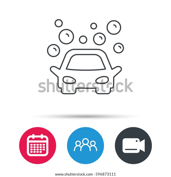 Car wash icon.\
Cleaning station sign. Foam bubbles symbol. Group of people, video\
cam and calendar icons.\
