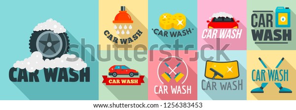 Car wash logo set. Flat set of car wash logo for\
web design