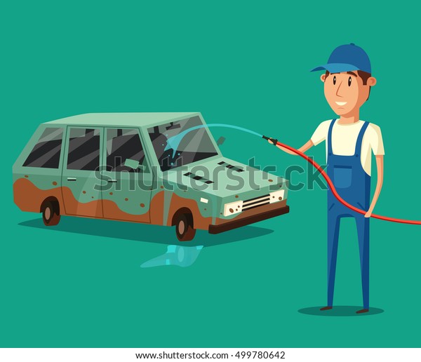 Car washing service. cartoon illustration. Worker\
washing a car. Spraying water from the hose. Car wash specialist in\
uniform