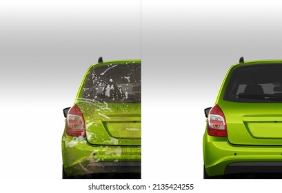 Car Washing, Suds, Mud. Half Divided Picture. 3d Illustration