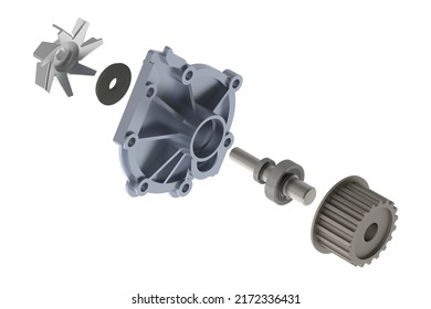 Car Water Pump Exploded View 3D Rendering Isolated On White