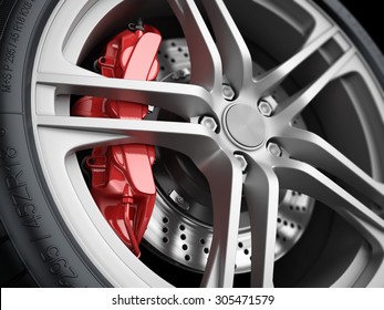 Car wheel and brake system. Red caliper, sport tire. Closeup. Illustration 3d