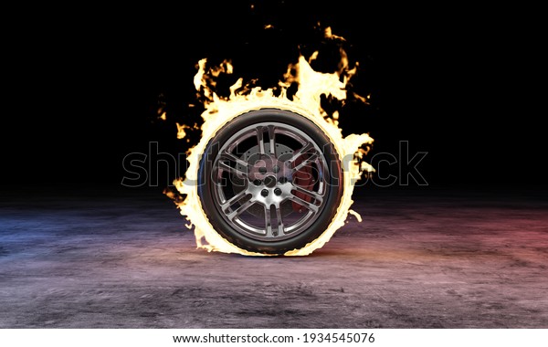 Car wheel in Fire Flame at concrete dark\
background. 3d\
rendering