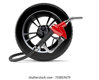 Car Wheel With Gasoline Nozzle Isolated On White Background. 3d Illustration