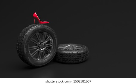 Car wheel and red female shoe on a black background. Creative conceptual illustration. Copy space for text or logo. 3D rendering.