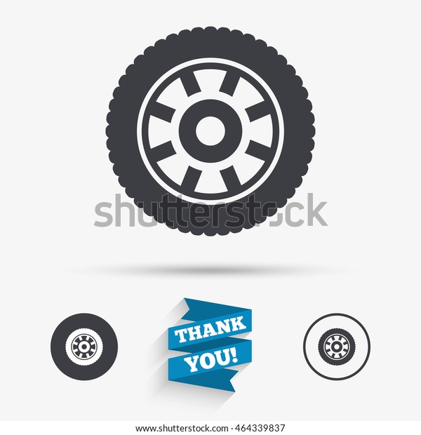 Car wheel sign\
icon. Circular transport component symbol. Flat icons. Buttons with\
icons. Thank you ribbon.\
