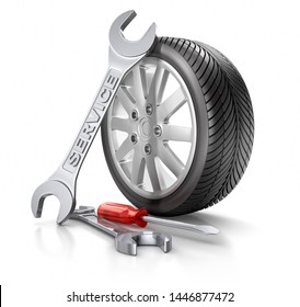 Car Wheel And Tire With Service Tools - 3D Illustration