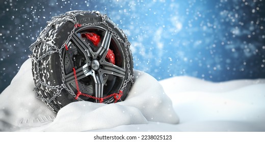 Car wheel with winter tire and snow chain in snow.  3d illustration - Powered by Shutterstock