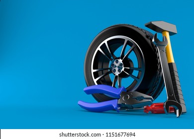 Car Wheel With Work Tools Isolated On Blue Background. 3d Illustration