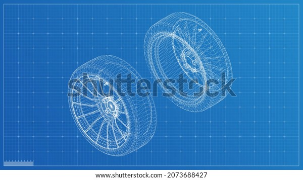 Car wheels\
Blueprint illustration, 3d blueprint render, engineering blueprint\
with high quality 3d\
render