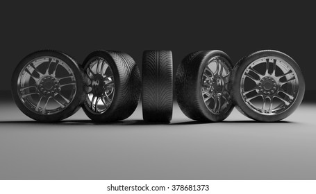 Car Wheels. Concept design. 3D render Illustration on Dark Background. - Powered by Shutterstock