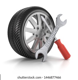 Car Wheels And Tire With Service Tools - 3D Illustration