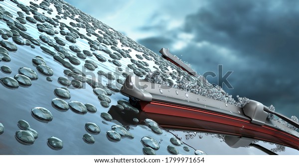 car wipers with\
red silicone coating sweep water from the car windshield 3d render\
against a cloudy sky