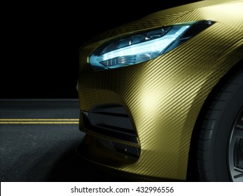 Car Wrapped In Golden Carbon Film. 3d Rendering