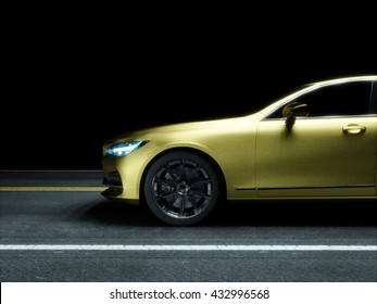 Car Wrapped In Golden Carbon Film. 3d Rendering