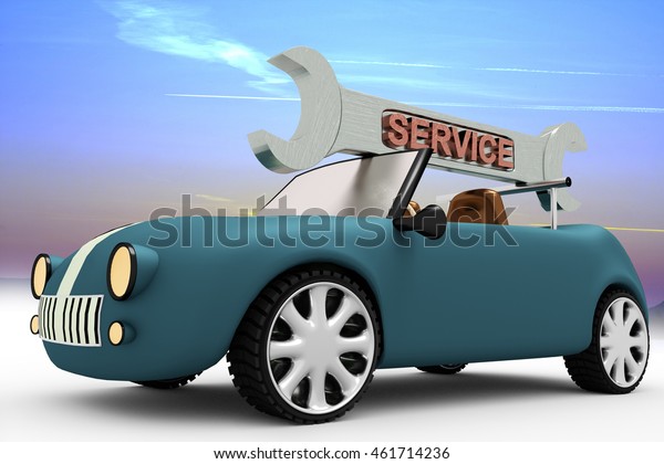 Car with\
wrench field service, 3D\
Illustration