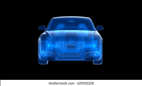 Car Xray Blue Transparent With City Background.3D Render