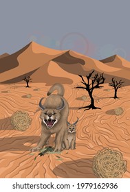 Caracal With Her Kitten On The Hunt. Desert Lynx Caught A Bird. Wildcat With Her Cub Stands In The Middle Of The Desert. Panorama Of An African Desert With Its Flora And Fauna.