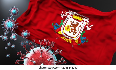 Caracas and covid pandemic - virus attacking a city flag of Caracas as a symbol of a fight and struggle with the virus pandemic in this city, 3d illustration