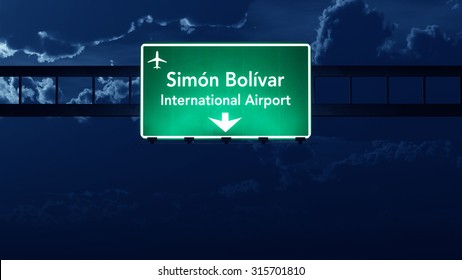 Caracas Venezuela Airport Highway Road Sign At Night 3D Illustration