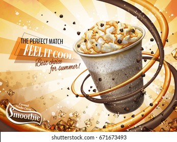 Caramel Mocha Cocoa Smoothie Ads, Freeze Iced Drink With Cream, Chocolate Beans And Caramel Topping, 3d Illustration