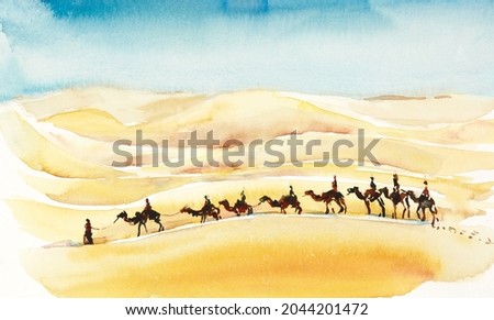 Caravan camels in the desert Morocco. Watercolor hand drawn illustration	