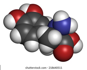 Carbidopa Parkinson's Disease drug. Prevents peripheral breakdown of levodopa, allowing more L-DOPA to reach the brain. Atoms are represented as spheres with conventional color coding.