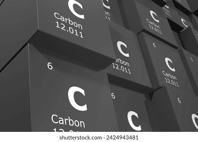 Carbon, 3D rendering background of cubes of symbols of the elements of the periodic table, atomic number, atomic weight, name and symbol. Education, science and technology. 3D illustration