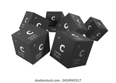 Carbon, 3D rendering of symbols of the elements of the periodic table, atomic number, atomic weight, name and symbol. Education, science and technology. 3D illustration